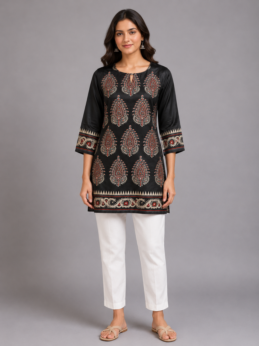 Black Paisley Print Silk Short Kurta